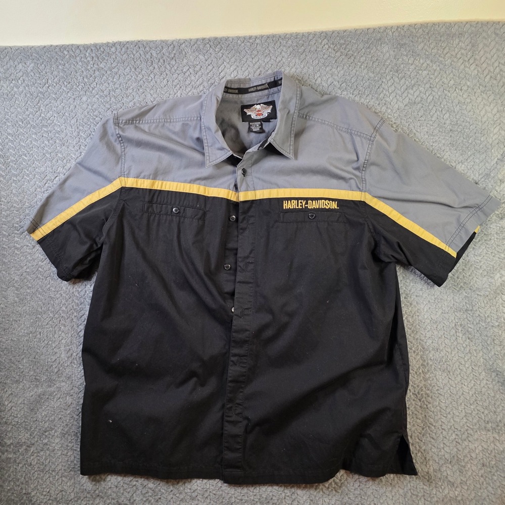 Harley Davidson Shirt 2XL Black Gray Button Up Shop Shirt Embroidered Logo Biker